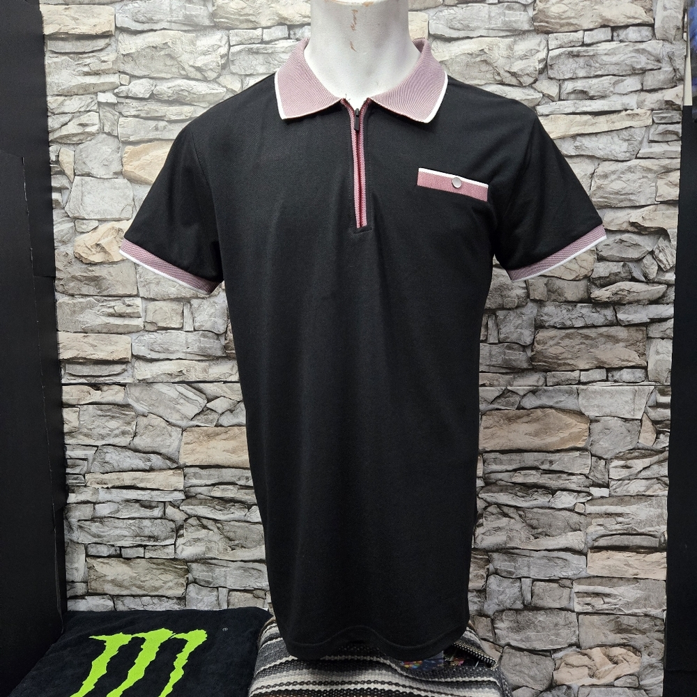 Scott James 2 Tone Zip Up Collar Polo Black and Red Unisex Medium Polo Shirt